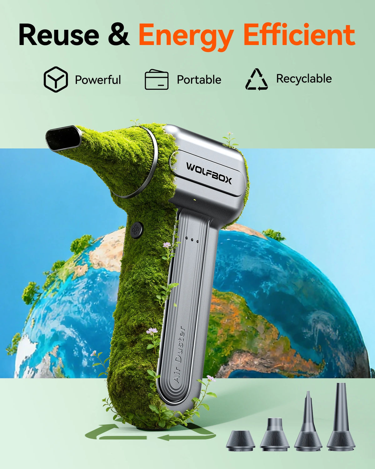 WOLFBOX DF60 Akku-Luftgebläse – 110.000 U/min – 3 Geschwindigkeitsstufen – Leistungsstarkes Luftgebläse für Auto, Haushalt und Outdoor