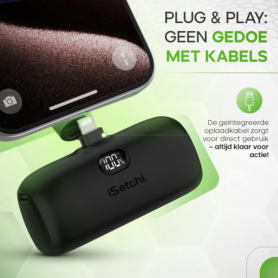 iSetchi Mini Powerbank 5000 mah - Kompakte Größe - Externer Akku - Integriertes Kabel - Notfallpaket - Lightning Kabel - LED Anzeige - Geeignet für iPhone - Schwarz