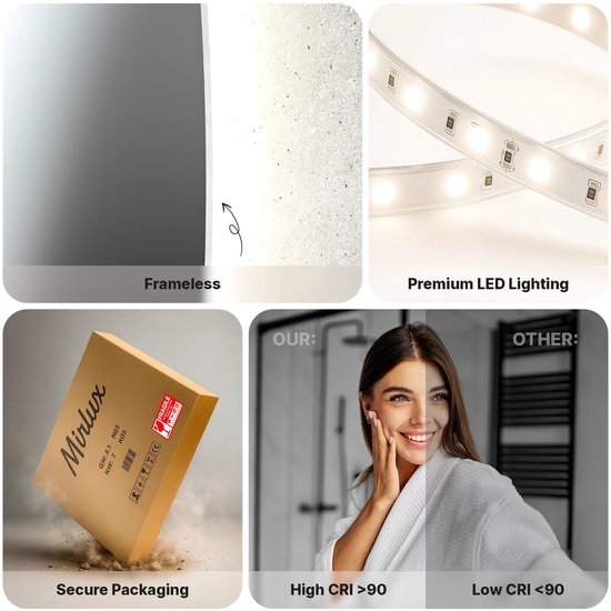 Mirlux Badezimmerspiegel mit LED-Beleuchtung und Heizung – Asymmetrischer Wandspiegel – Beschlagfreier Duschspiegel – Rahmenlos – 120 x 70 cm