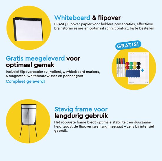 BRASQ Flipchart - 70x100 cm - Verstellbares Whiteboard - Inklusive 25 Blatt Papier, 4 Marker, 8 Magnete, Radiergummi - Magnettafel mit Haken - Magnettafel - Schwarz
