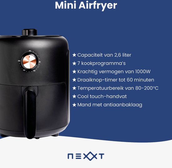 Nexxt Mini Airfryer mit 8 Garprogrammen - 2,6-Liter-Heißluftfritteuse zum Backen, Grillen, Braten - Timer und automatische Abschaltung - 1000W