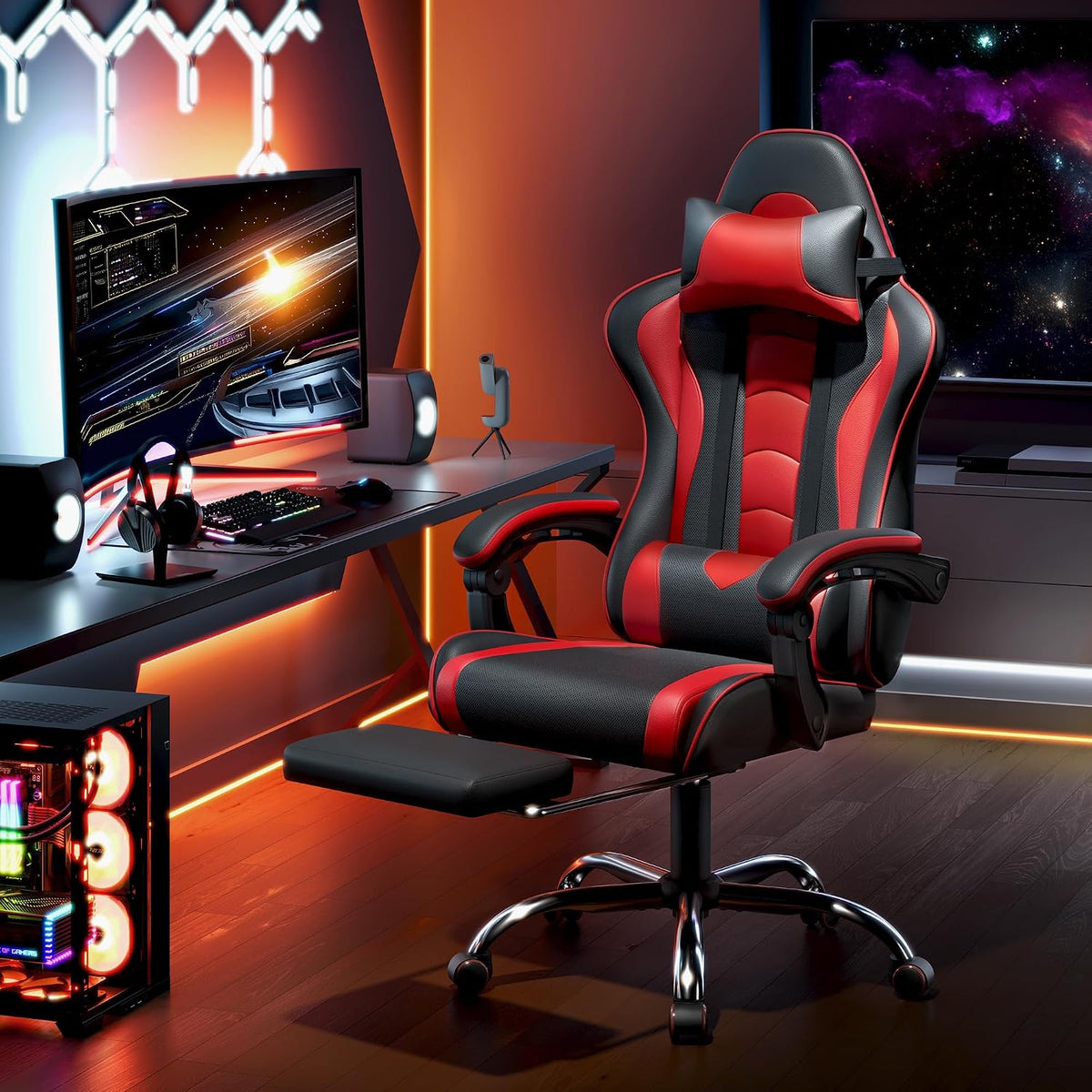 Yaheetech ergonomischer Gaming-Stuhl – Fußstütze und Massagekissen – Schwarz/Rot