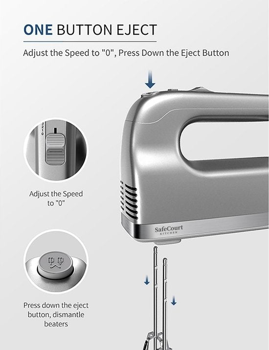 Safecourt Kitchen - Handmixer - Turbo-Funktion - Quirl & Knethaken & Schneebesen - Stahl - Silber