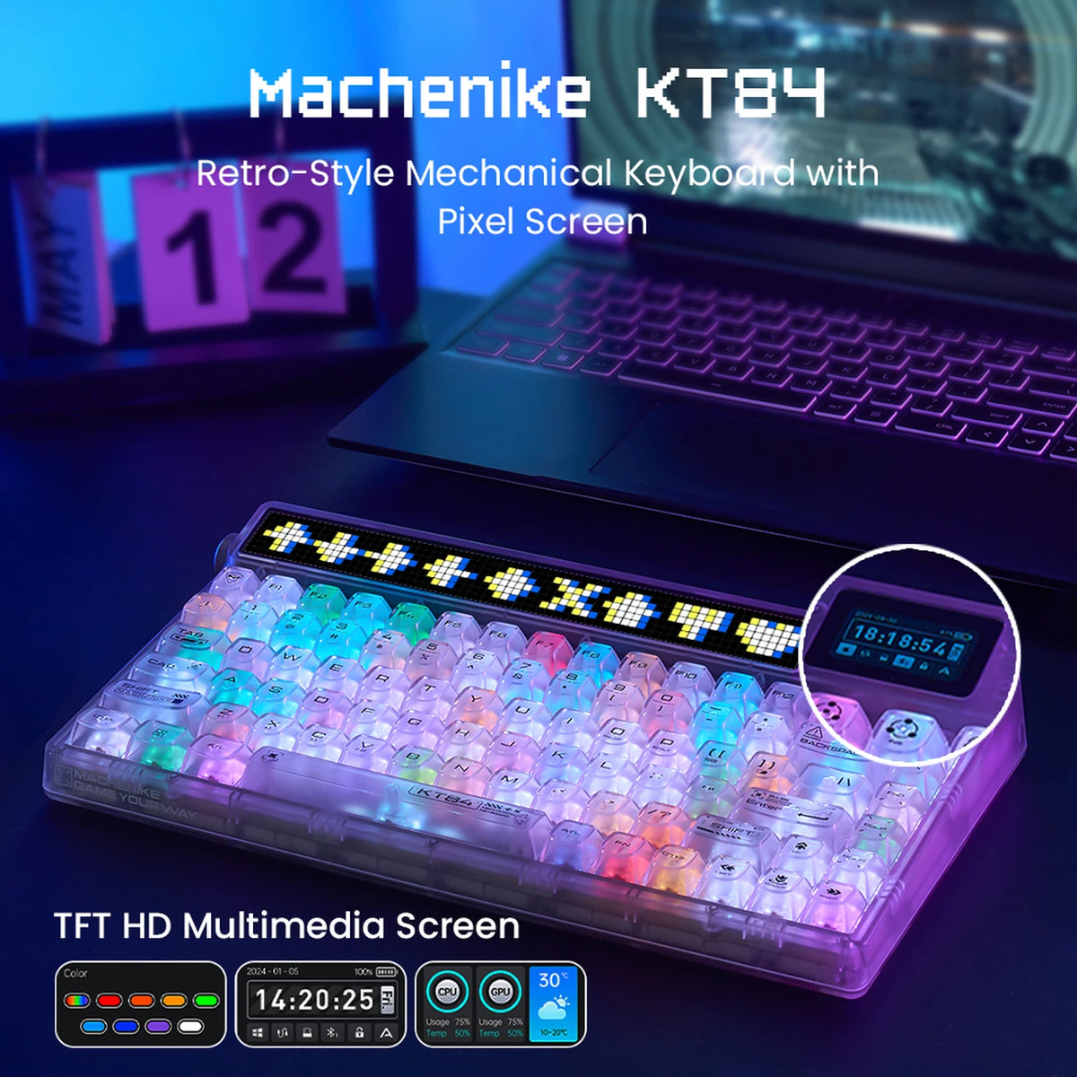 Machenike KT84-B84W 75 % mechanische Tastatur – Weiß – Gateron Yellow, RGB, Tri-Mode