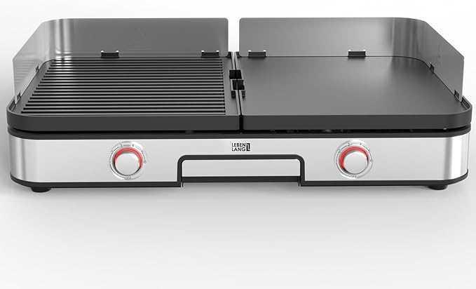 LEBENLANG Elektro-Tischgrill - 2400W - inkl. Grillzange und Spritzschutz - 30 x 23,7 x 15 cm - Edelstahl