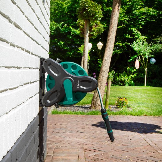 VONROC Schlauchaufroller-Set - Inkl. 15m Gartenschlauch, Zapfpistole, Schlauchverbinder, Wasserhahnanschluss