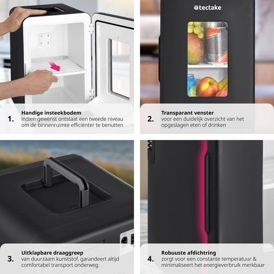 tectake Mini Car Cooler - Tragbare Minibar 14L - 2-in-1 Funktion: Kühlen und Heizen - Ideale elektrische Kühlbox für Getränke, Medikamente oder Make-up - Für zu Hause oder unterwegs - ECO-Modus