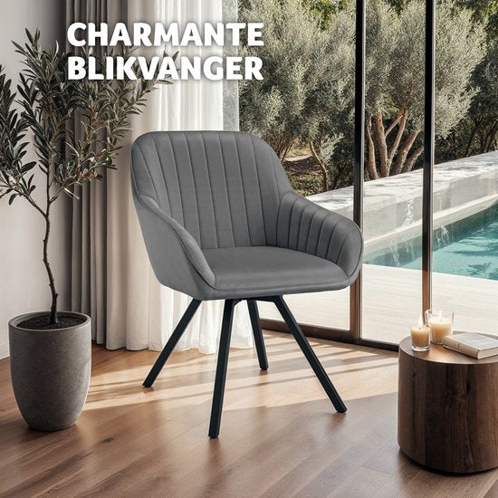 tectake - Esszimmerdrehstuhl mit Armlehnen - Ergonomischer Schalensessel mit Samtpolsterung - Gepolstert - Drehstuhl für Wohnzimmer, Esstisch, Arbeitszimmer, Frisiertisch und Küche - Grau