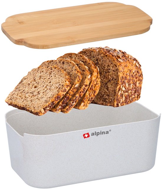 alpina Brotaufbewahrungsbox 33 x 18,5 x 12 cm – Brotkasten mit Bambusdeckel – Deckel auch als Schneidebrett verwendbar – Kompaktes Format – Zur Aufbewahrung von Brot – Küchenzubehör
