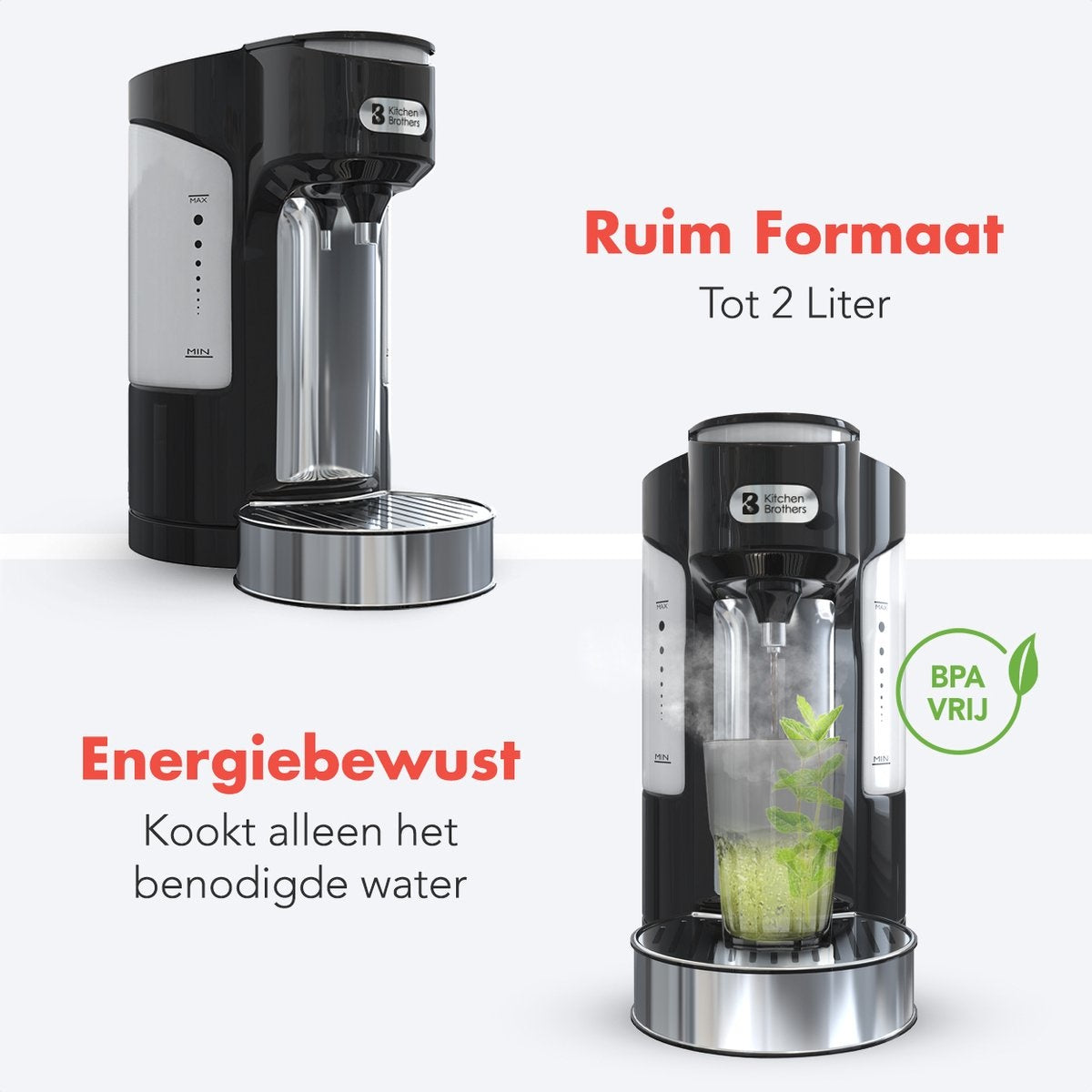 KitchenBrothers Heißwasserspender - 2L - 3000W - Edelstahl/Schwarz