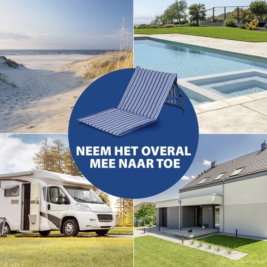 Campart Strandstuhl und Strandliege BE-0421 – Klappbare Liege und Stuhl – Strandmatte mit verstellbarer Rückenlehne – Mit abnehmbarem Kopfkissen – Blau-Weiß