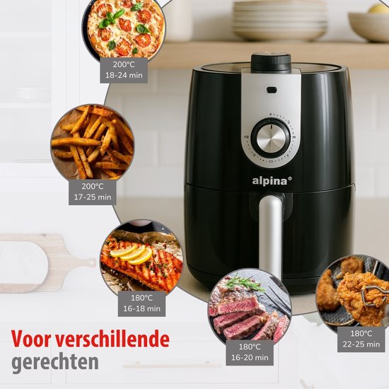 alpina Airfryer 2L – Heißluftfritteuse für 1–4 Personen – Airfryer mit Timer – Einstellbare Temperatur von 80 bis 200 Grad – mit Timer-Funktion – Heißluftofen 900 W