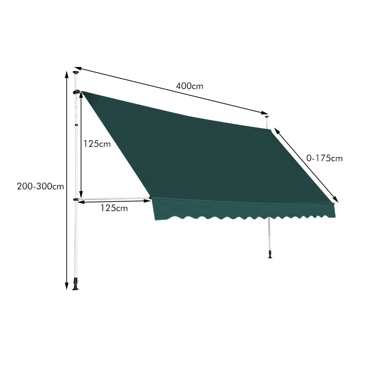 Coast Sunshade 400 cm breit, höhenverstellbar 200-300 cm, grün, Aluminiumrahmen und Oxford-Gewebe