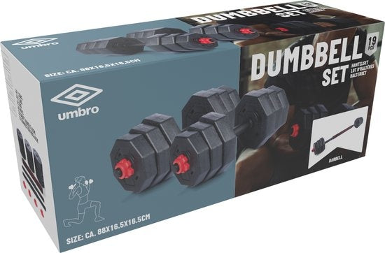 Umbro Hantelset - 20 KG - Verstellbare Kurz- und Langhanteln - Gewichte von 1,25 KG, 1,5KG und 2KG - Kunststoff