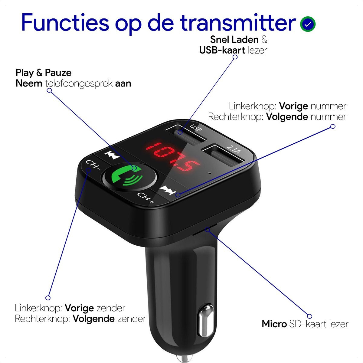 Bluetooth FM Transmitter - Bluetooth-Empfänger für das Auto - USB - Freisprecheinrichtung für das Auto