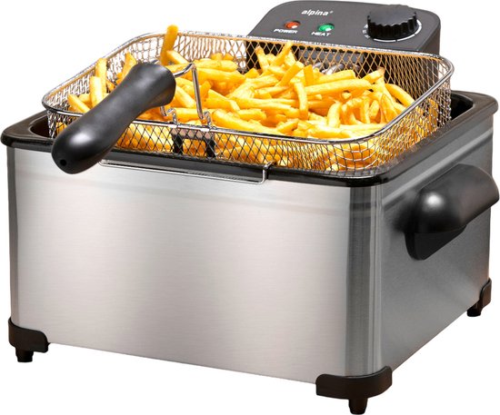 alpina Fritteuse Double 5 Liter - Fritteuse mit einstellbarem Thermostat - Fritteuse mit 3 herausnehmbaren Körben - Fritteuse 2000W - 27,5 x 21,5 x 30,5 cm - Edelstahl