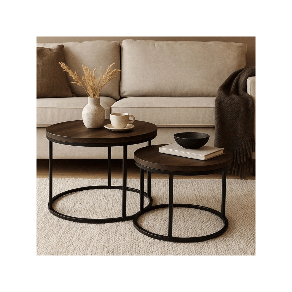 Home Styling Collection - Runder Beistelltisch 2er-Set - Holz & Metall - Ø57x45 cm / Ø50x35 cm - Industrial & Modern