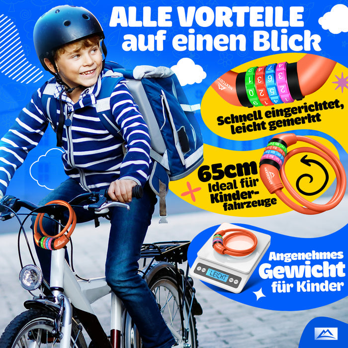 NEXTCOVER® Kinderfahrradschloss mit 4-stelligem Zahlencode I Kinderfahrradschloss - Ideal für Roller, Fahrräder & mehr I Kombinationsschloss Fahrrad mit bunten Zahlen - Rollerschloss Extra robust & sicher