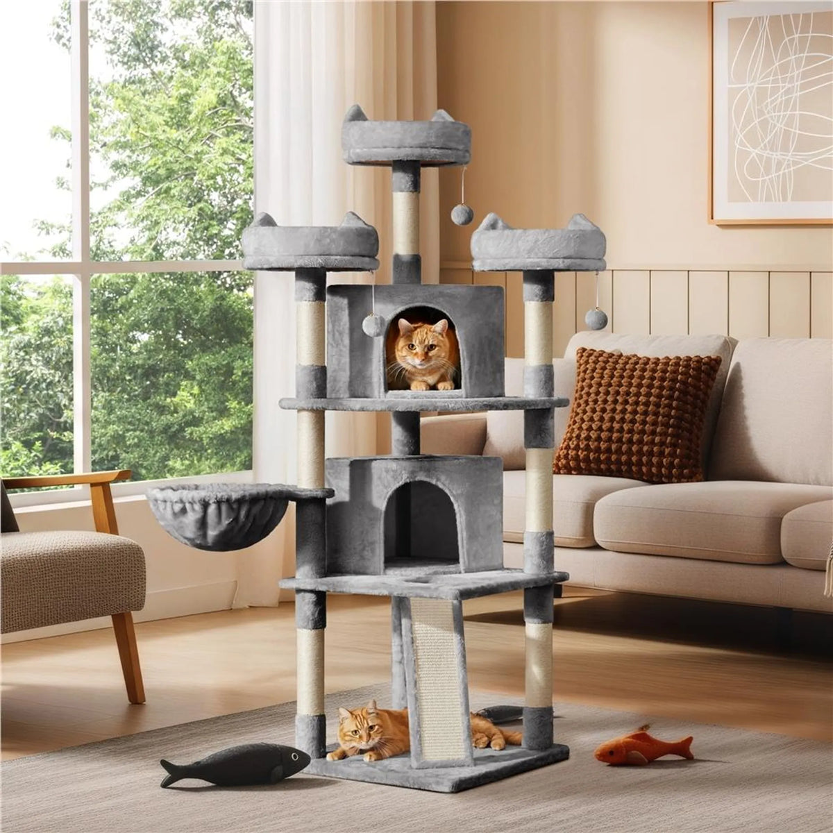 Yaheetech Katzenpfosten XXL mit 3 Aussichtsplattformen - Ausgestattet mit 2 Katzenhöhlen und Kratzbrett und Anti-Kipp-System - Für Haushalte mit mehreren Katzen - Hellgrauer Plüsch und Sisal - 55,5 x 55,5 x 175 cm
