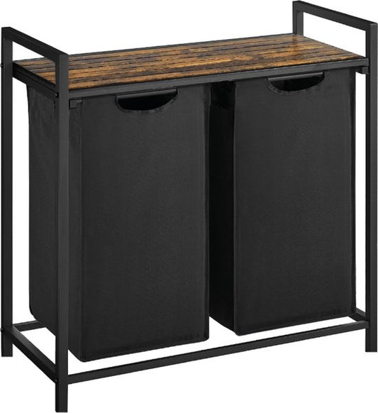 BRASQ Wäschekorb 2 Fächer - Wäschesortierer 76 Liter - Ausziehbar mit Regal 73x33x71 cm - Wäschebox Schwarz Metall - Braunes Holz - Korb