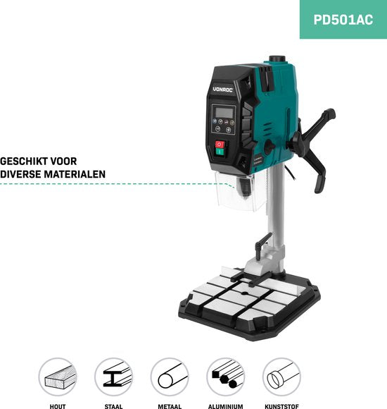 VONROC Säulenbohrmaschine 900W - Tischbohrmaschine - Digitales Bedienfeld mit LCD-Display - Kreuzlinienlaser und LED-Arbeitsleuchte - Inkl. Schnellspanner, Bohrzwinge und Parallelführung