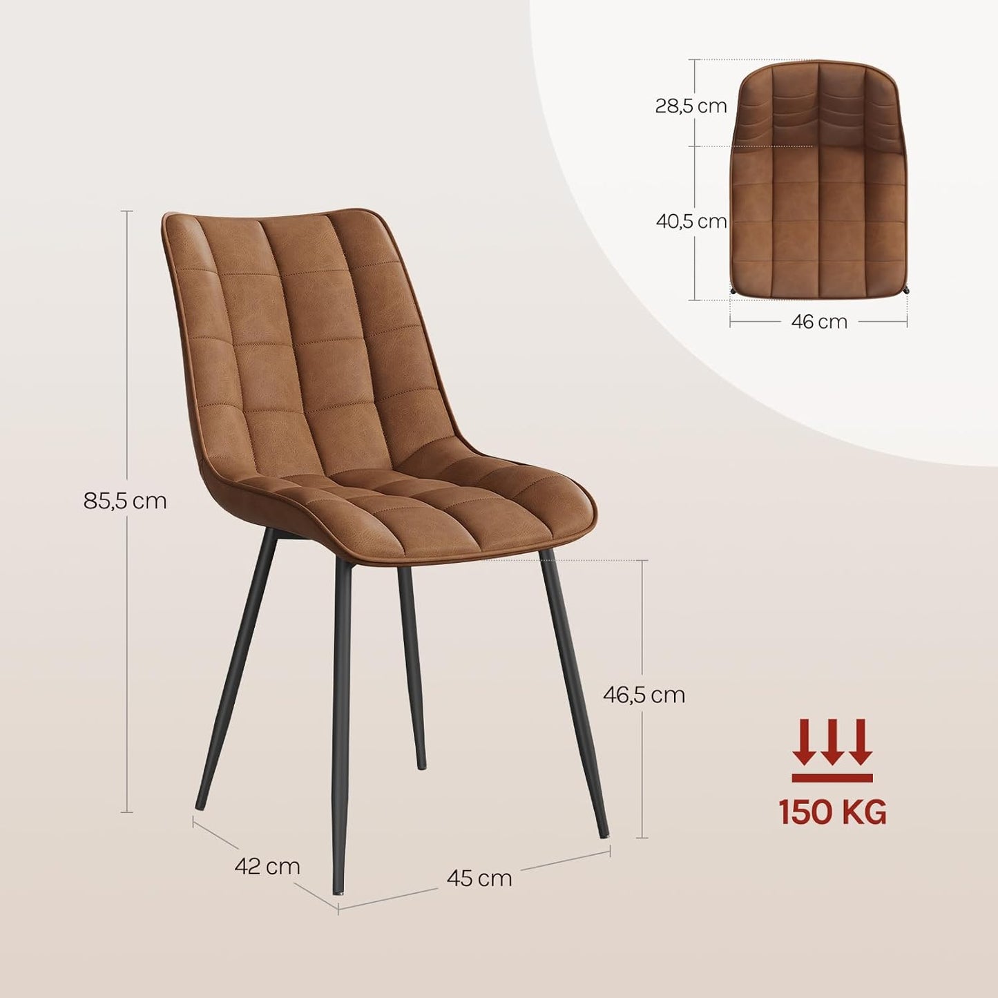 WOLTU Esszimmerstuhl – 46 x 40,5 x 85,5 cm – Kunstleder – Ergonomisch – Metall – Hellbraun