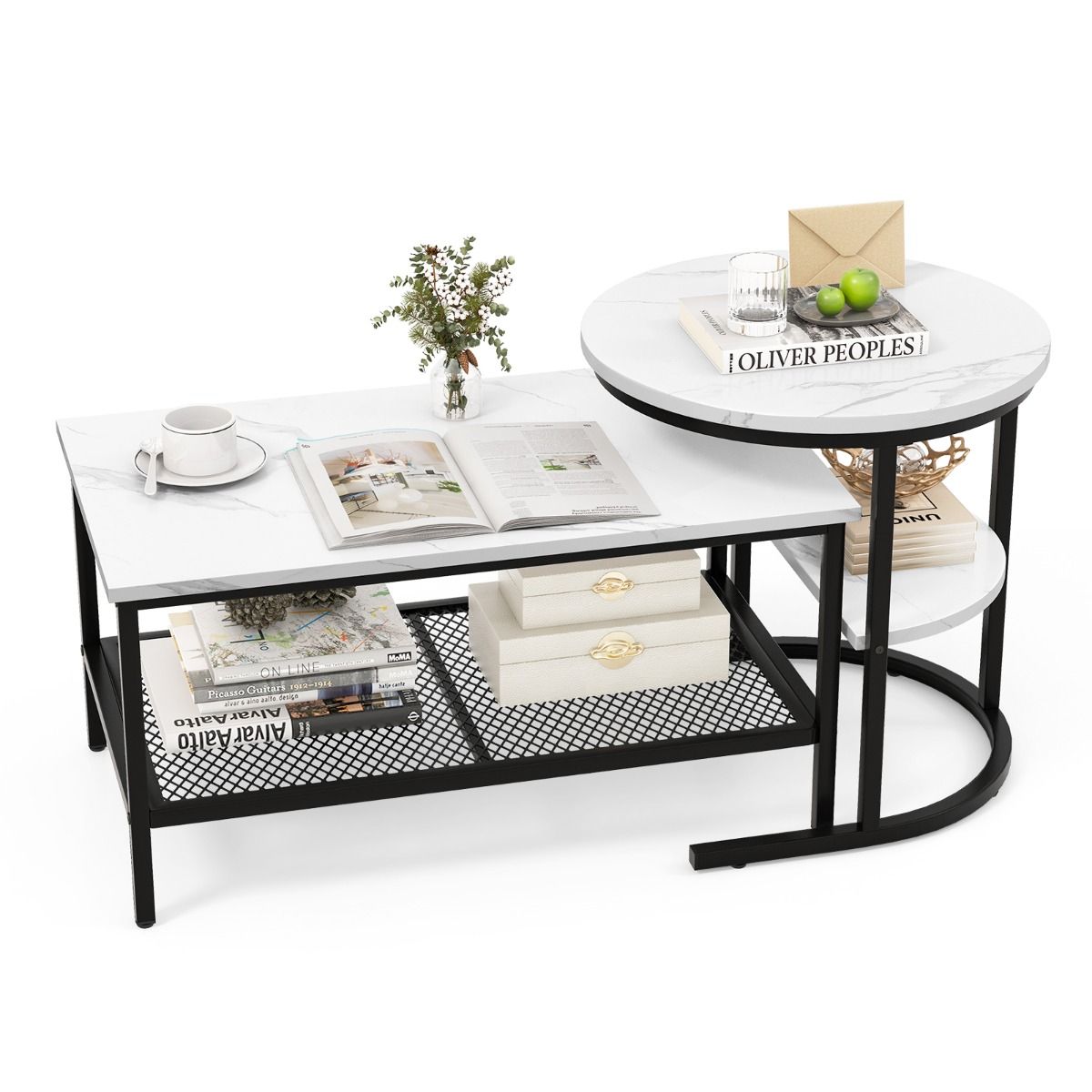 Coast Beistelltisch-Set – Couchtisch und Beistelltisch – Tischplatte in Marmoroptik – schwarz und weiß