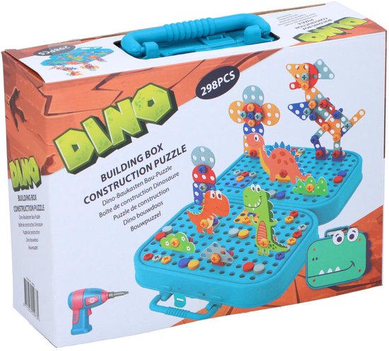 Eddy Toys Bausatz mit Baukasten inkl. Spielzeugbohrmaschine – Konstruktionsspielzeug mit 298 Teilen – Dinosaurier-Spielzeug – Montessori-Spielzeug zum Einstecken – Lernspielzeug