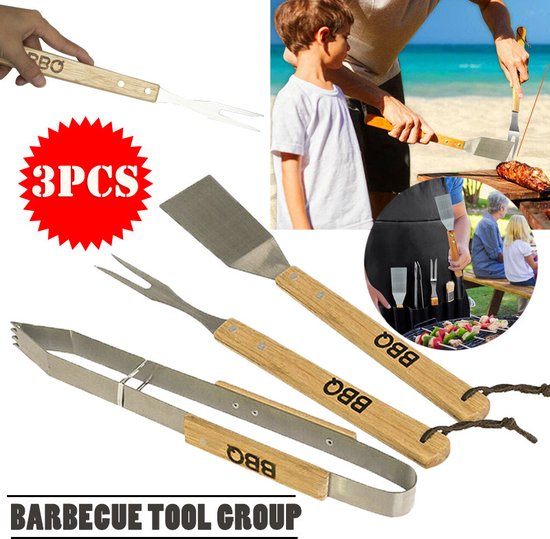 BBQ/Grillwerkzeug-Set 3-teilig mit Holzgriffen - Zange - Gabel - Spatel