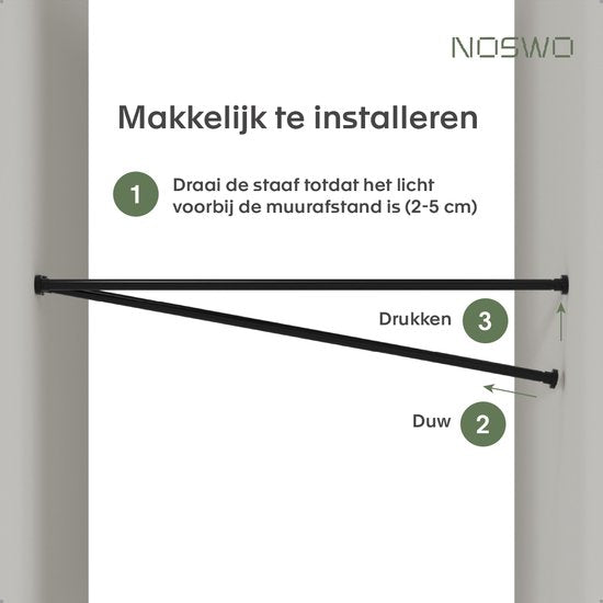Noswo Vorhangstange ohne Bohren - 130-230 cm - Inklusive 15 Ringe - Ausziehbar - Duschstange - Duschvorhangstange - Klemmstange - Selbstspannend - Schwarz