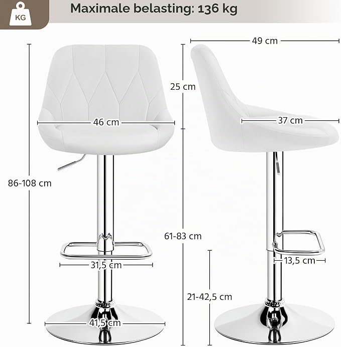 Yaheetech Barhocker mit Rückenlehne und Fußstütze – Kunstleder – Verstellbar von 86 bis 107,5 cm – 46 x 49 cm – Weiß