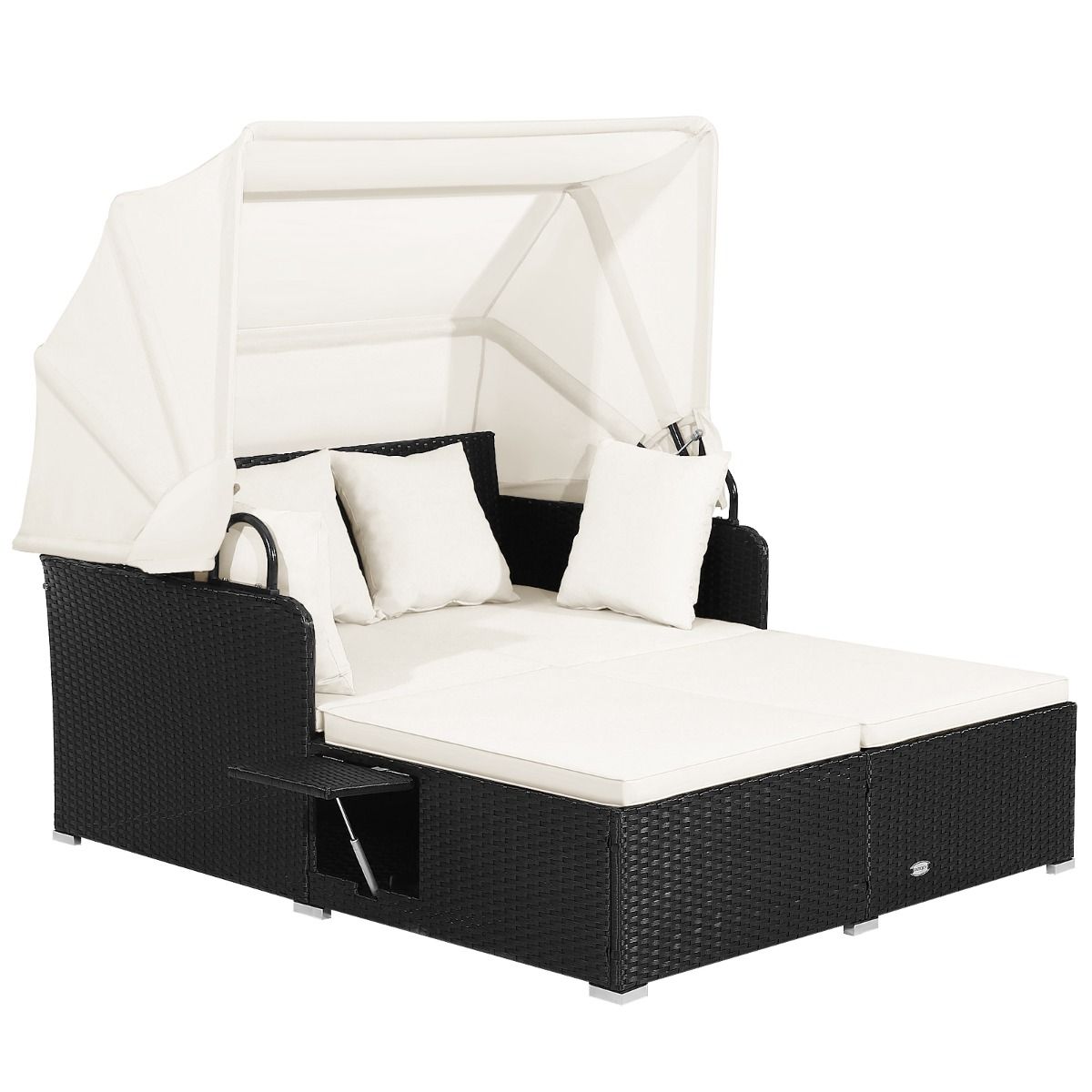 Coast Rotan-Liegestuhl für 2 Personen – Mit Dach und ausklappbaren Seitentischen – Schwarz 165 x 153 x 138 cm
