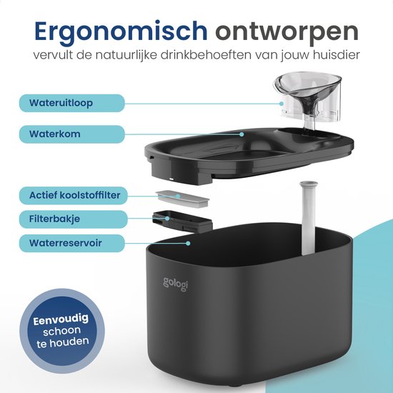 Gologi Trinkbrunnen Katze und Hund - 3.5L - Smart Water Fountain mit App - Katzenbrunnen - Silent - Schwarz