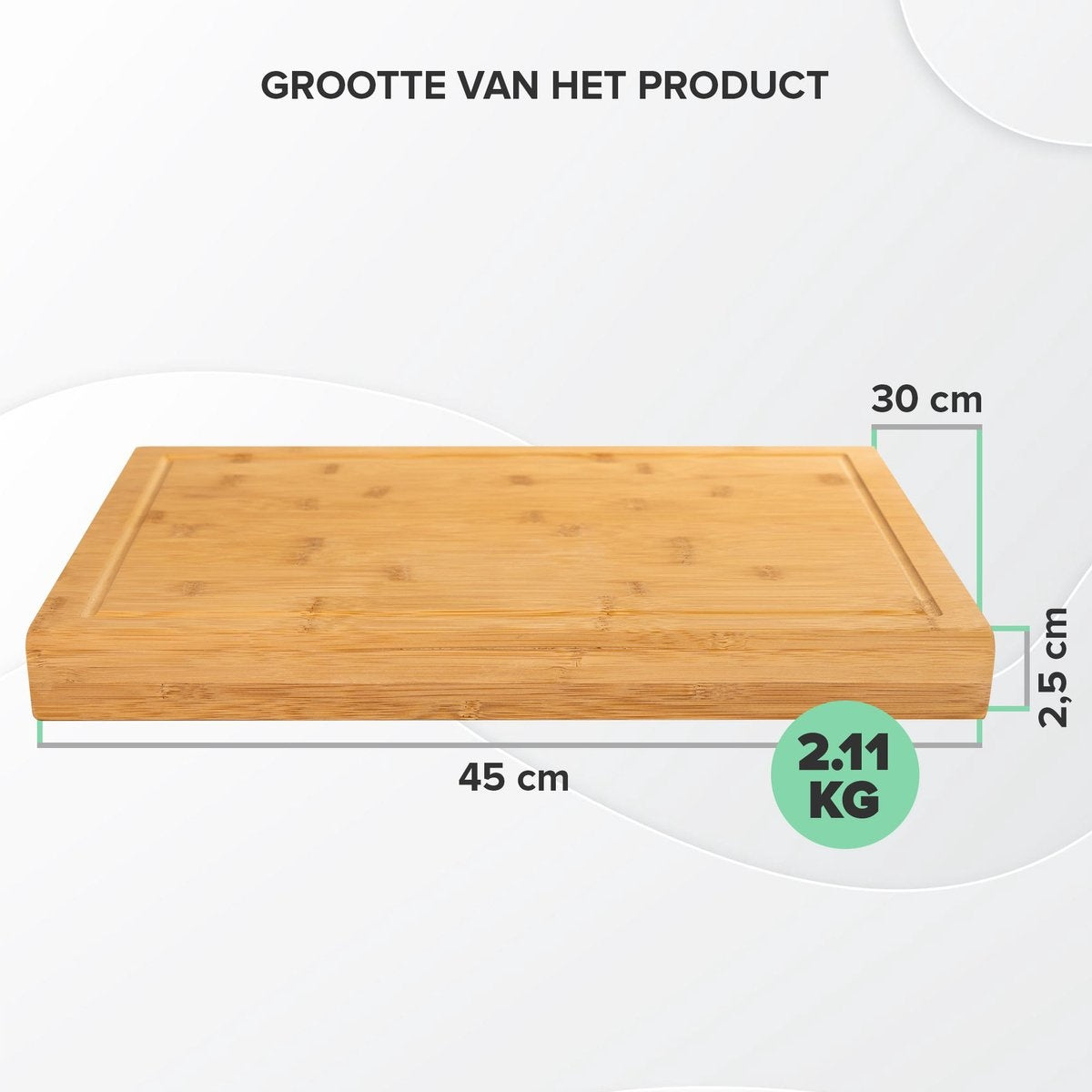 Holzschneidebrett Coninx für Arbeitsplatte, Arbeitsplatte oder Tisch | Schneidebrett mit Stützkante und Saftrille | 45x30CM | 2,5CM dick | Bambus