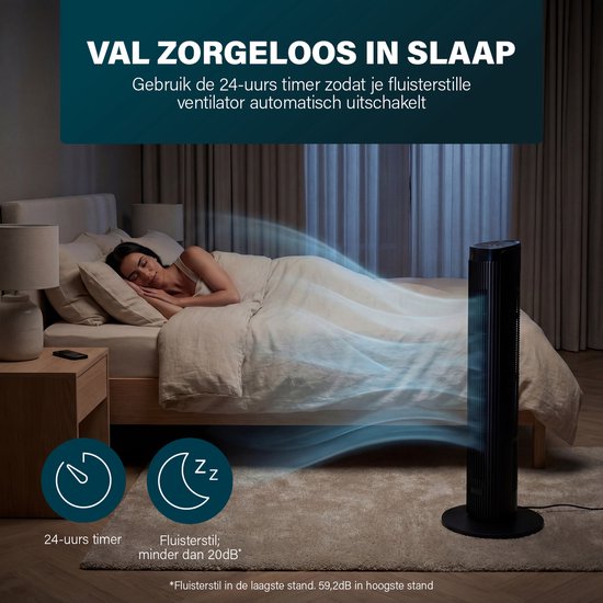 Princess DC Turmventilator 91 cm – besonders leise – 12 Geschwindigkeitsstufen – 4 Windmodi – 90°-Oszillation – Timer 1–24 Stunden – mit Fernbedienung – schwarz – 352370