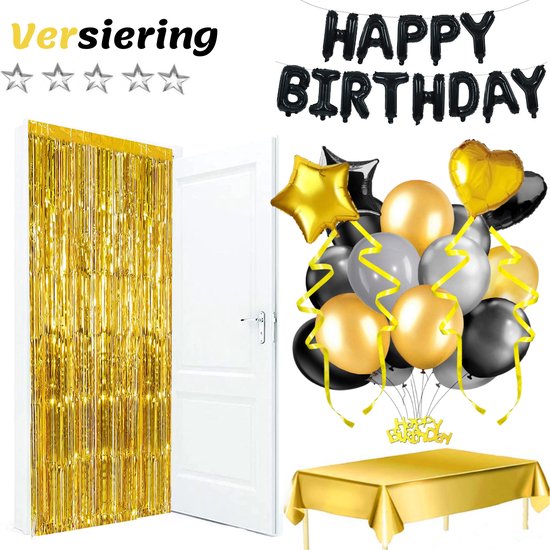 Feestio Ballons Geburtstag Dekoration mit Tischtuch und Girlanden - Helium - Schwarz Gold
