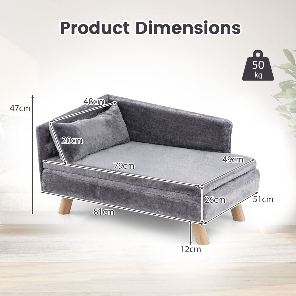 Coast Erhöhtes Hundesofa – halbrunde Rückenlehne – abnehmbares Kissen – grau – 81 x 51 x 47 cm