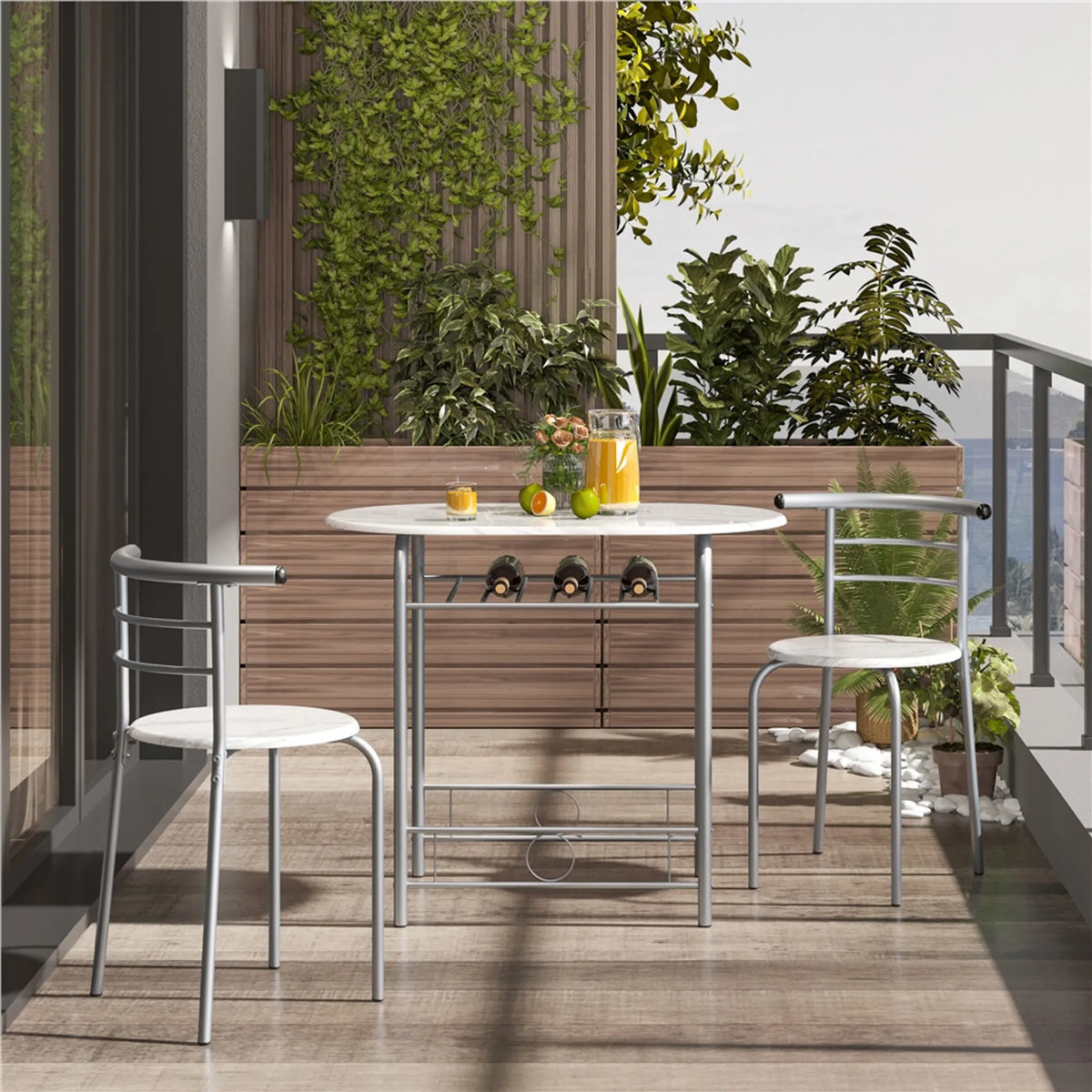 3-teilige Essecke mit Tisch und 2 Stühlen in Holzoptik aus MDF und mit Metallgestell in Weiß, 80 × 53 × 73,5 cm