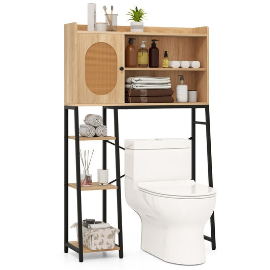 Coast Toilettenschrank 89x29x139 cm Natur - Freistehender Waschplatz mit PE-Rotan-Tür, Ablagefächern und verstellbarem Einlegeboden