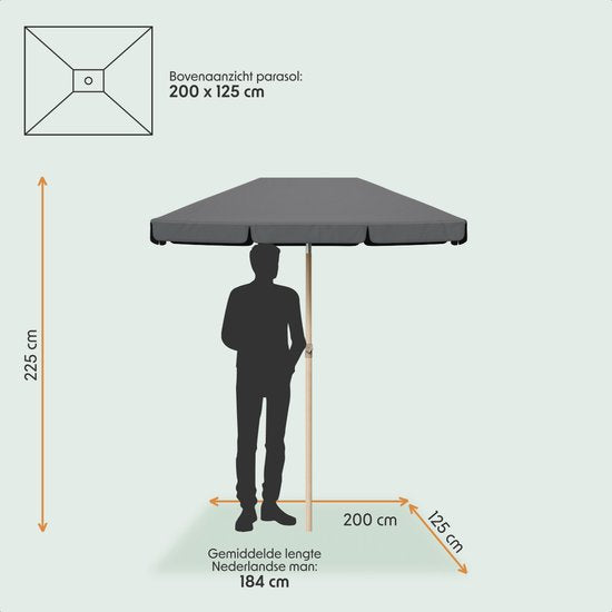 LifeGoods Sonnenschirm - Garten - Balkon Sonnenschirm - 200x125cm - 30° neigbar - Wasserdicht - UPF50+ - Holzbeschichtung - Dunkelgrau