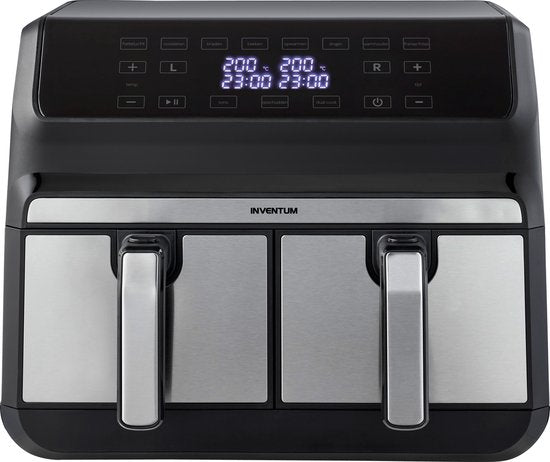 Inventum GF800HLD - Doppel-Luftfritteuse - Heißluftfritteuse - 2 x 4 Liter - 8 Programme - Duale Kochfunktion - 80 bis 200 Grad - PFAS frei - 1700 Watt - Schwarz/RVS