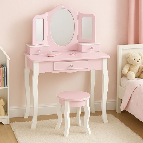 Maxx Kidz Kinderschminktisch mit Spiegel – Rosa Kinderschminktisch aus Holz mit Hocker – Schminktisch für Kinder – Spielzeug für Mädchen ab 3 Jahren