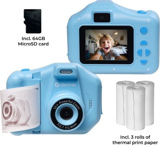 Denver Kinderkamera Full HD mit Drucker - Selfie-Kamera - 48MP - Digitalkamera Kinder - Foto und Video - Spiele - KPC1370 - Blau