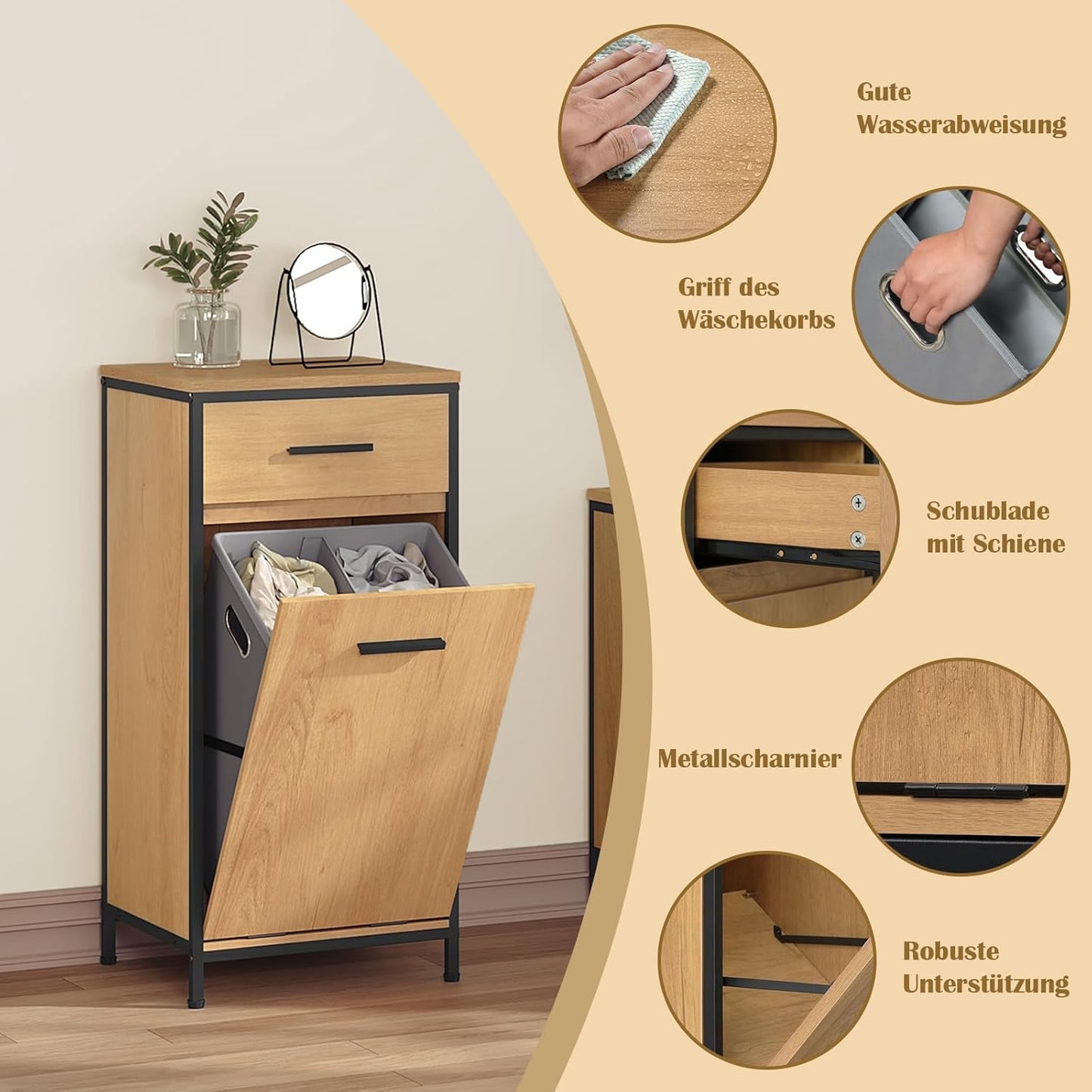 Eugad Badezimmerschrank mit Schublade und Wäschebeutel – Helles Eiche – 38 x 34 x 80 cm