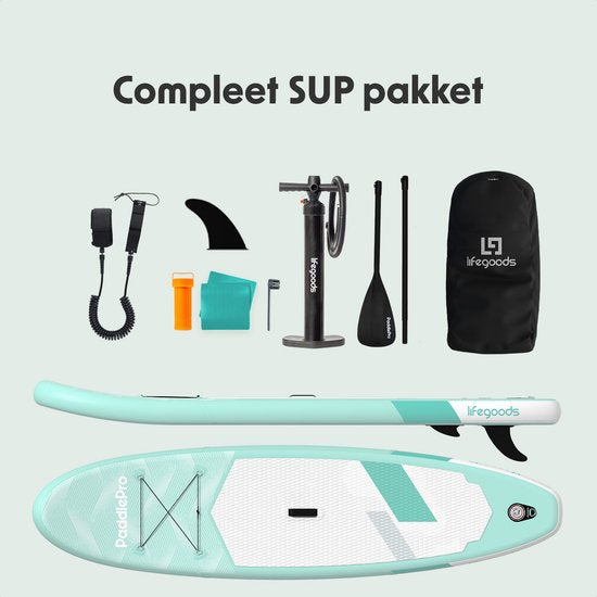 LifeGoods SUP Board All-round Compact - 100 KG Belastbarkeit - 300 x 76 cm - Aufblasbar - SUP-Komplettpaket - Mintgrün