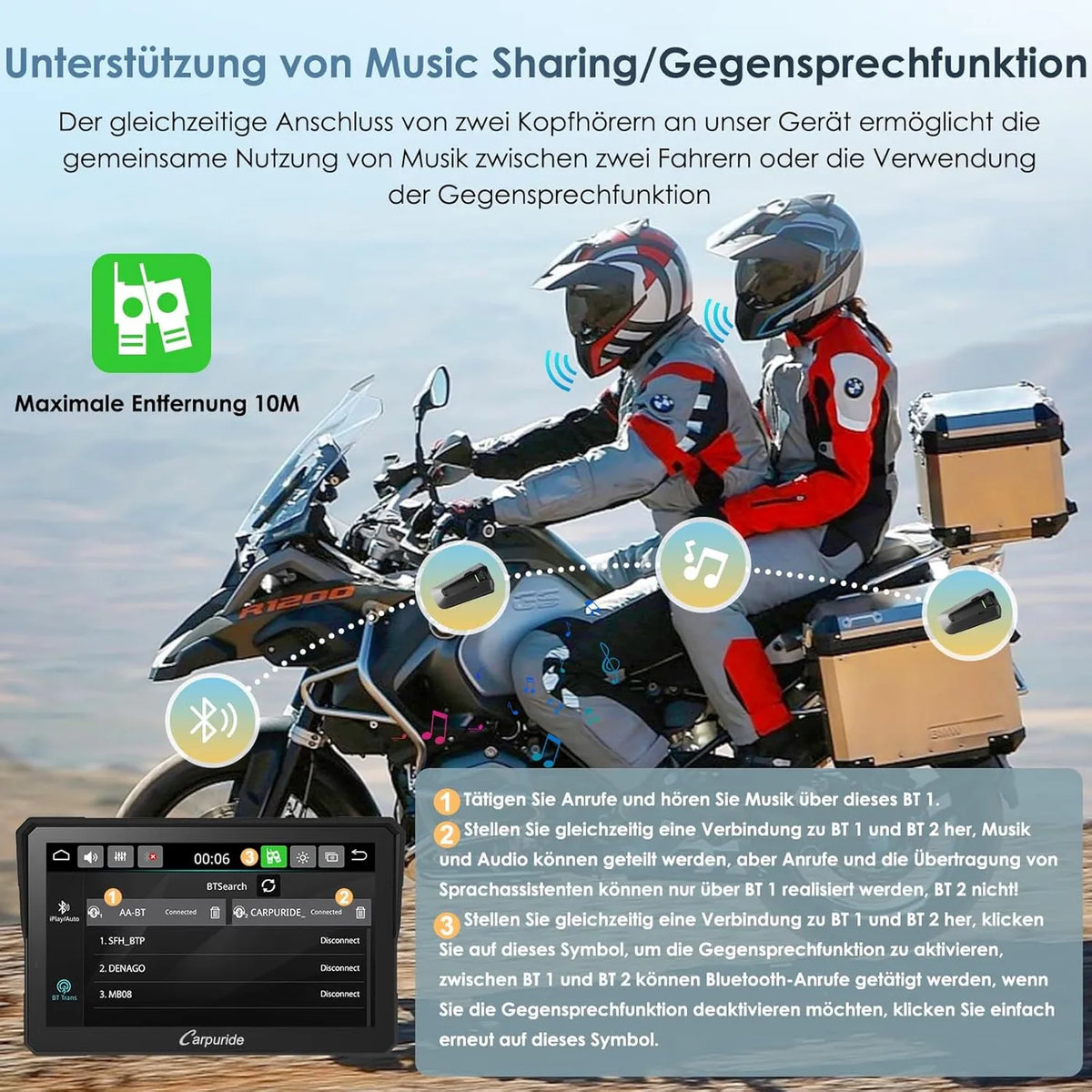 Carpuride W702BS Pro 7-Zoll-CarPlay-Bildschirm für Motorräder – BMW Wonderwiel – Drahtloses CarPlay & Android Auto – Wasserdicht – Schwarz