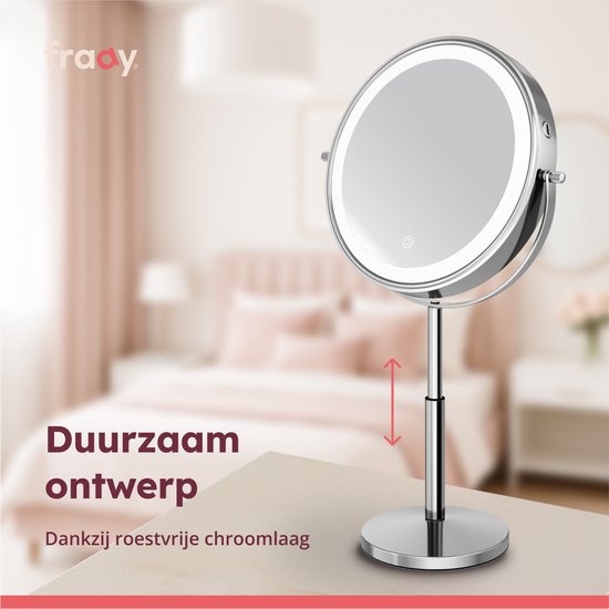 Fraay® XL Make-up-Spiegel mit LED-Beleuchtung - 10-fache Vergrößerung - Vergrößerungsspiegel mit Licht - wiederaufladbar - Rasierspiegel - Badezimmerspiegel - Chrom