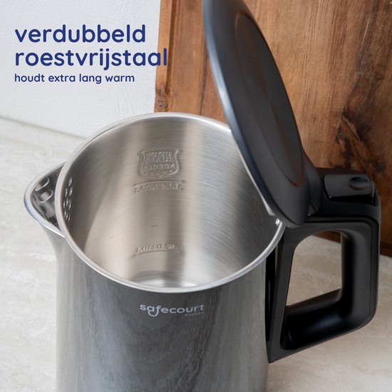 Safecourt Kitchen - Smart Wasserkocher - Warmhaltefunktion - 5 Temperatureinstellungen - 1,7 L - Schwarz