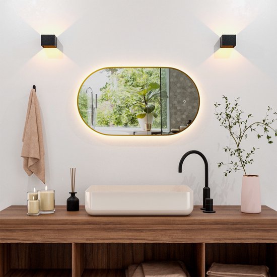 Mirlux Badezimmerspiegel mit LED-Beleuchtung & Heizung - Wandspiegel Oval - Goldrahmen - 90x50CM