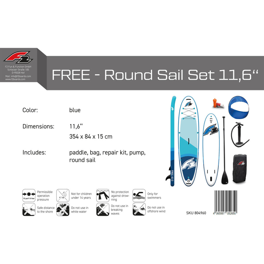 F2 FREE Stand-Up-Paddle-Board mit Rundsegel – Aufblasbares SUP-Board – Komplettset – Blau